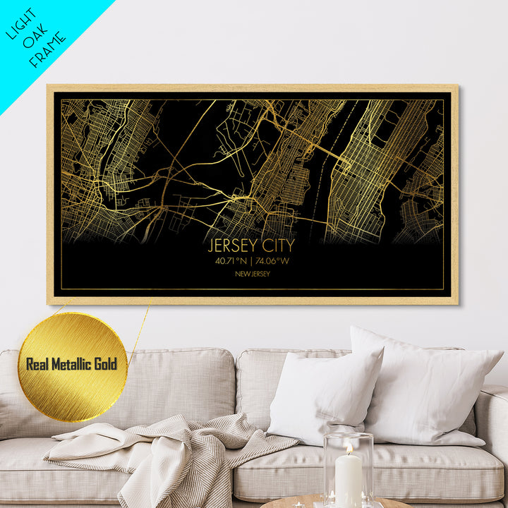 Jersey City New Jersey City Poster, Metallic Gold Art, Metal Art, real wood frames, black and gold, Street Map Wall Art, College Dorm Décor