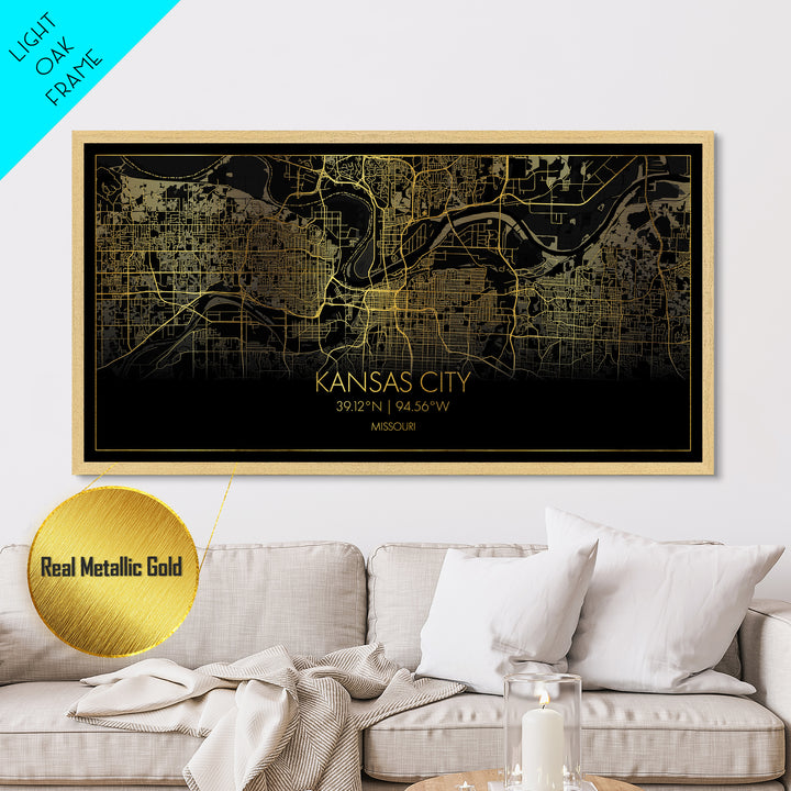 Kansas City Missouri City street map, Metallic Gold Print, Metal Art, wood framed map, black and gold, Street Map Art, Minimalist Wall Art