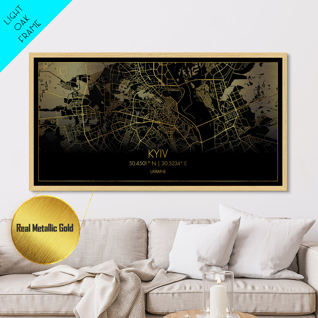 Kyiv Ukraine City street map, Metallic Gold Print, Metal Art, wood framed map, black and gold, Street Map Wall Art, Travel Poster