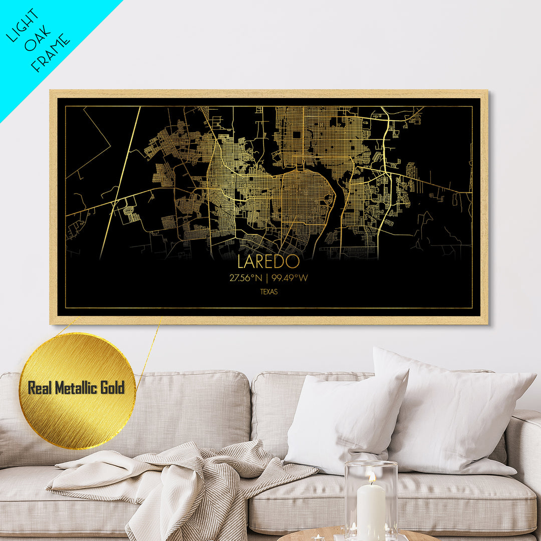 Laredo Texas City Poster, Metallic Gold Art, Metal Art, real wood frames, black and gold, Street Map Art, Modern House Art