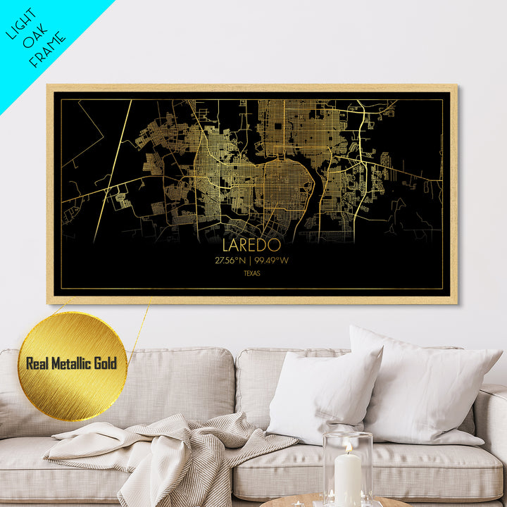 Laredo Texas City Poster, Metallic Gold Art, Metal Art, real wood frames, black and gold, Street Map Art, Modern House Art