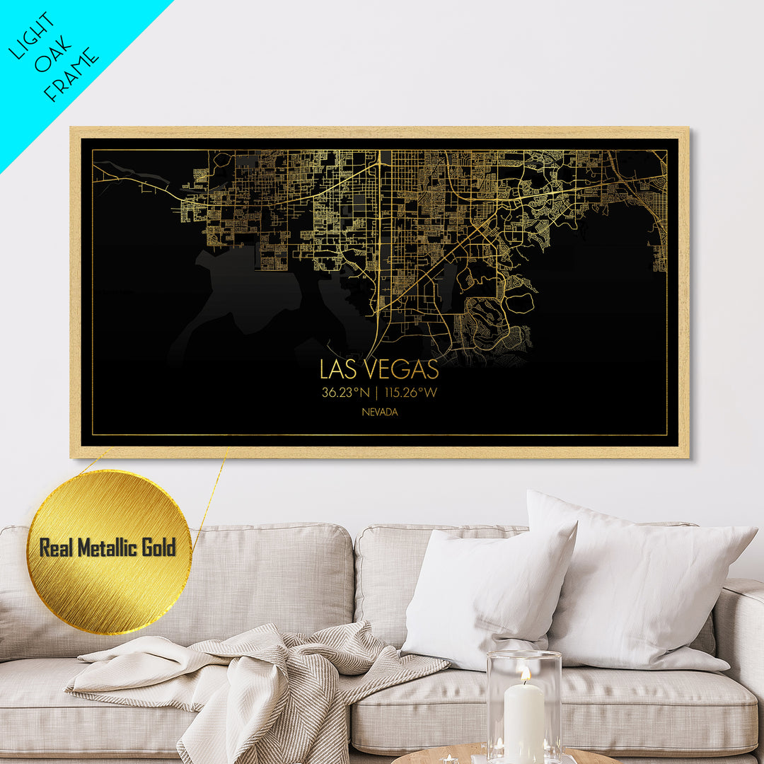 Las Vegas Nevada City street map, Metallic Gold Print, Metal Art, wood framed map, black and gold, Gold Street Map Art, Office Decor