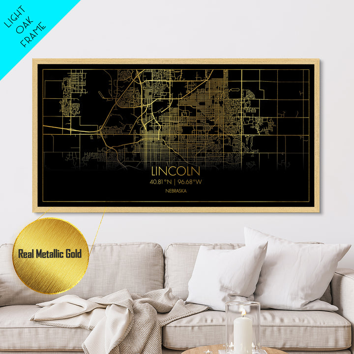 Lincoln Nebraska City Poster, Metallic Gold Art, Metal Art, real wood frames, black and gold, Street Map Art, Best Friend Gifts