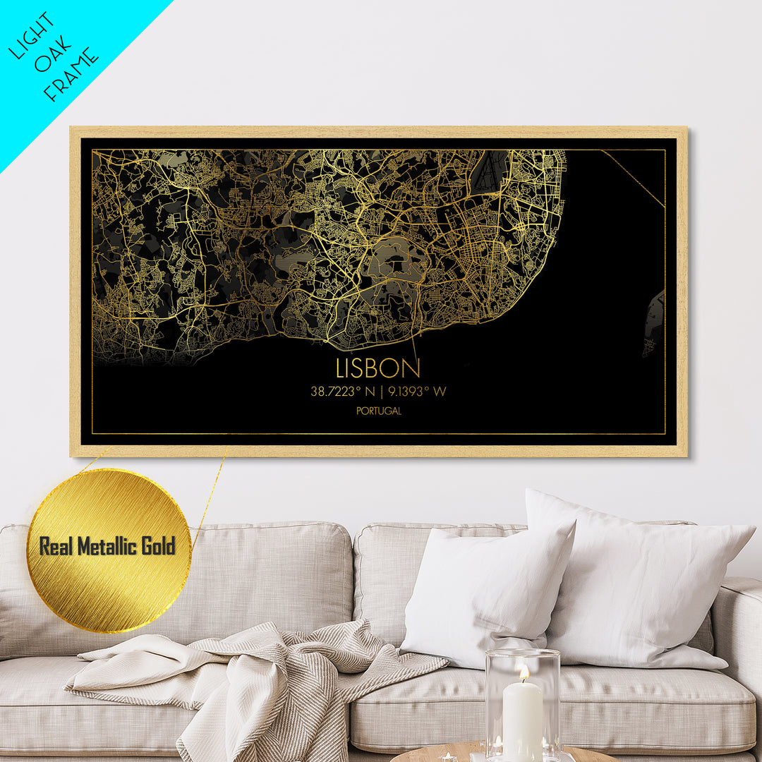 Lisbon Portugal City street map, Metallic Gold Print, Metal Art, wood framed map, black and gold, Travel Poster, Modern Wall Art