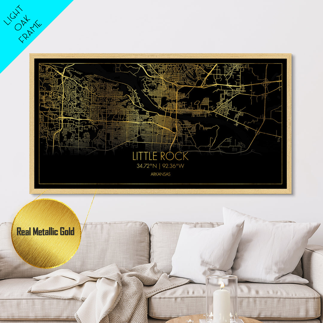 Little Rock Arkansas City Poster, Metallic Gold Art, Metal Art, real wood frames, black and gold, Street Map Art, Office Decor