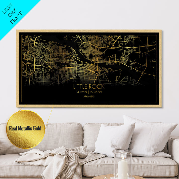 Little Rock Arkansas City Poster, Metallic Gold Art, Metal Art, real wood frames, black and gold, Street Map Art, Office Decor