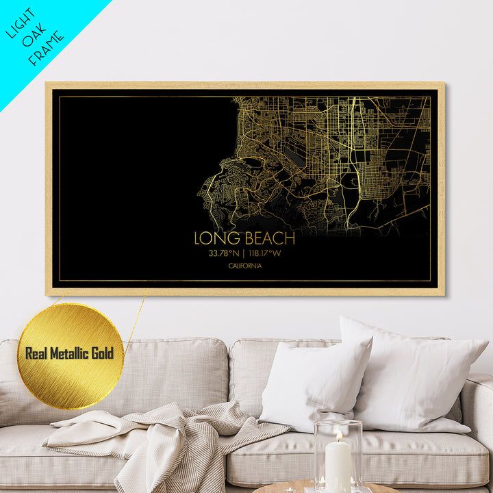 Long Beach California City Poster, Metallic Gold Art, Metal Art, real wood frames, black and gold, Gold Street Map Art, Minimalist Wall Art