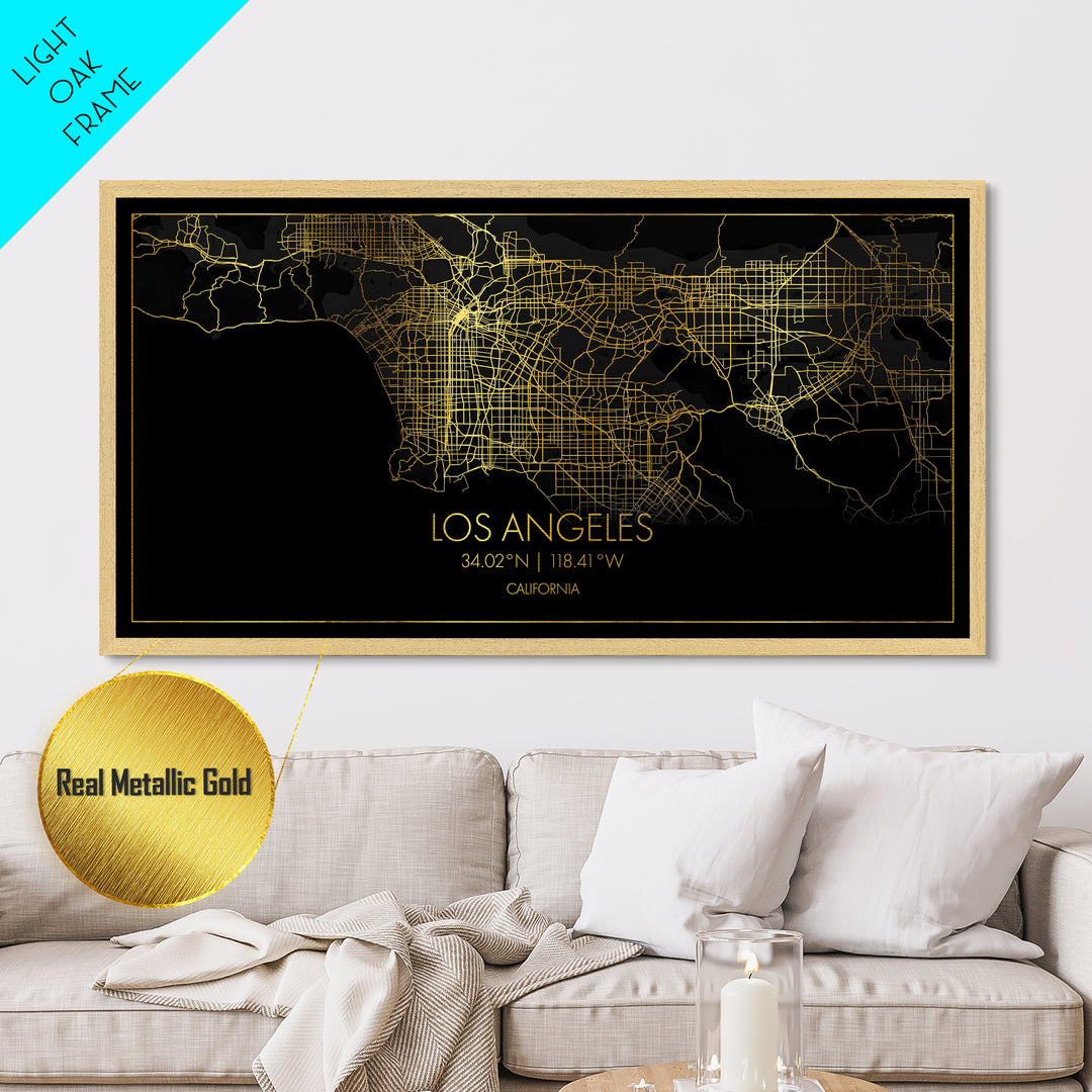 Los Angeles California City street map, Metallic Gold Print, Metal Art, wood framed map, black and gold, Street Map Art, Travel Poster