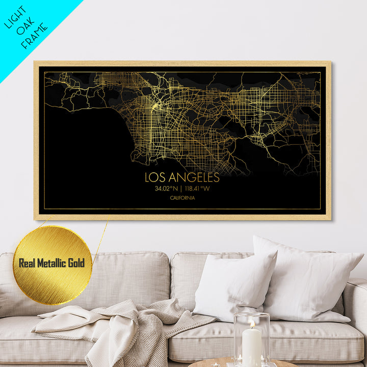Los Angeles California City street map, Metallic Gold Print, Metal Art, wood framed map, black and gold, Street Map Art, Travel Poster