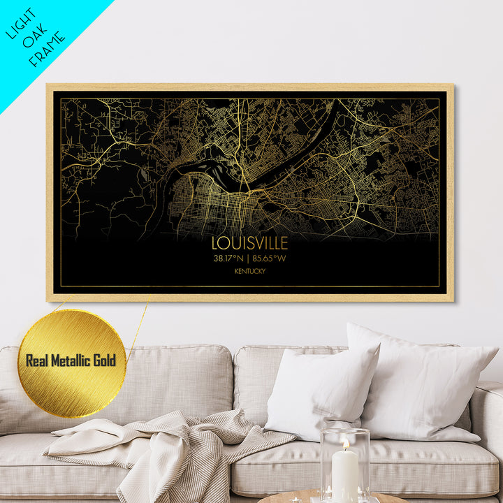 Louisville Kentucky City Poster, Metallic Gold Art, Metal Art, real wood frames, black and gold, Street Map Wall Art, Map Art