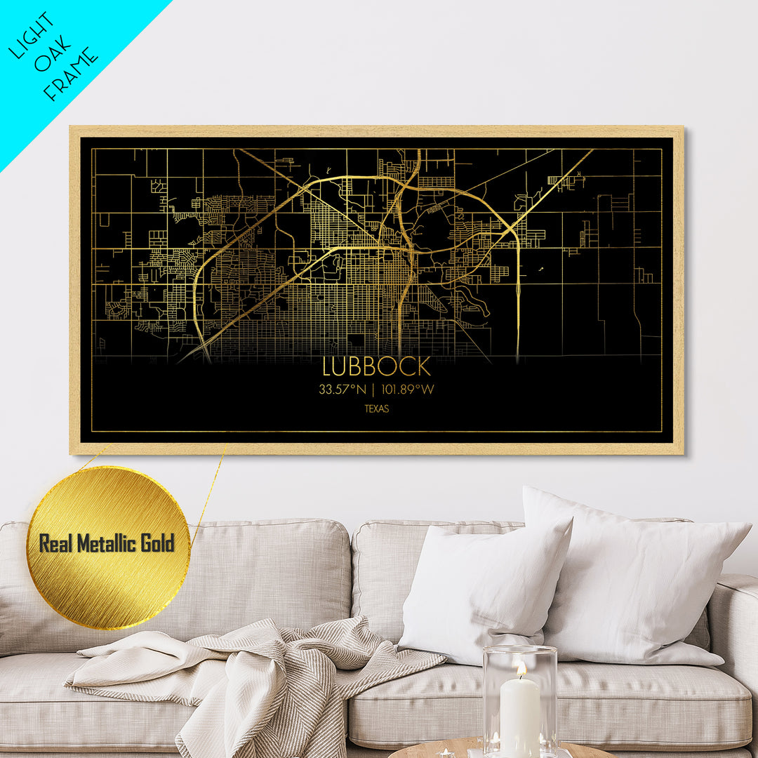 Lubbock Texas City street map, Metallic Gold Print, Metal Art, wood framed map, black and gold, Street Map Art, Best Friend Gifts