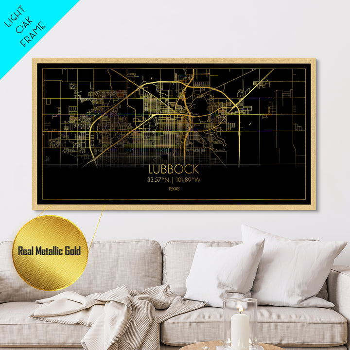 Lubbock Texas City street map, Metallic Gold Print, Metal Art, wood framed map, black and gold, Street Map Art, Best Friend Gifts