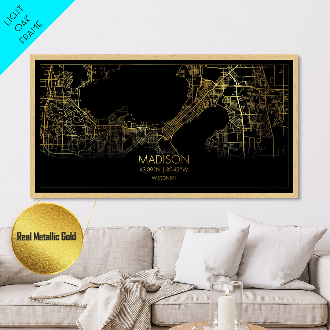 Madison Wisconsin City Poster, Metallic Gold Art, Metal Art, real wood frames, black and gold, Travel Poster, Minimalist Wall Art