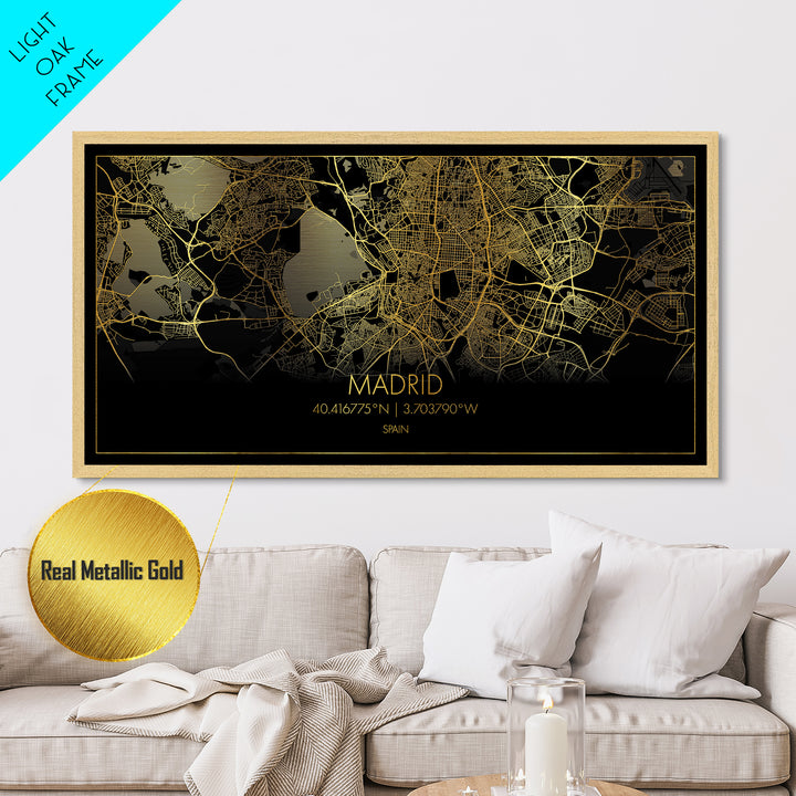 Madrid Spain City street map, Metallic Gold Print, Metal Art, wood framed map, black and gold, Street Map Wall Art, College Dorm Décor