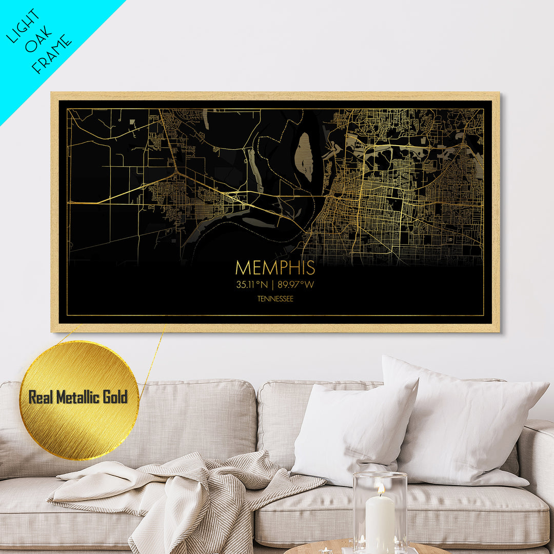 Memphis Tennessee City Poster, Metallic Gold Art, Metal Art, real wood frames, black and gold, Street Map Art, Housewarming Gift