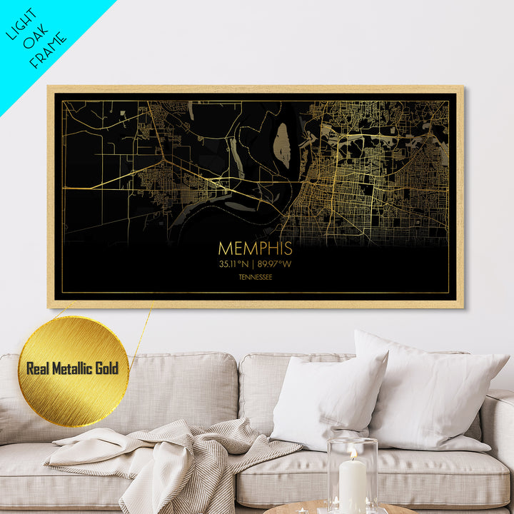 Memphis Tennessee City Poster, Metallic Gold Art, Metal Art, real wood frames, black and gold, Street Map Art, Housewarming Gift