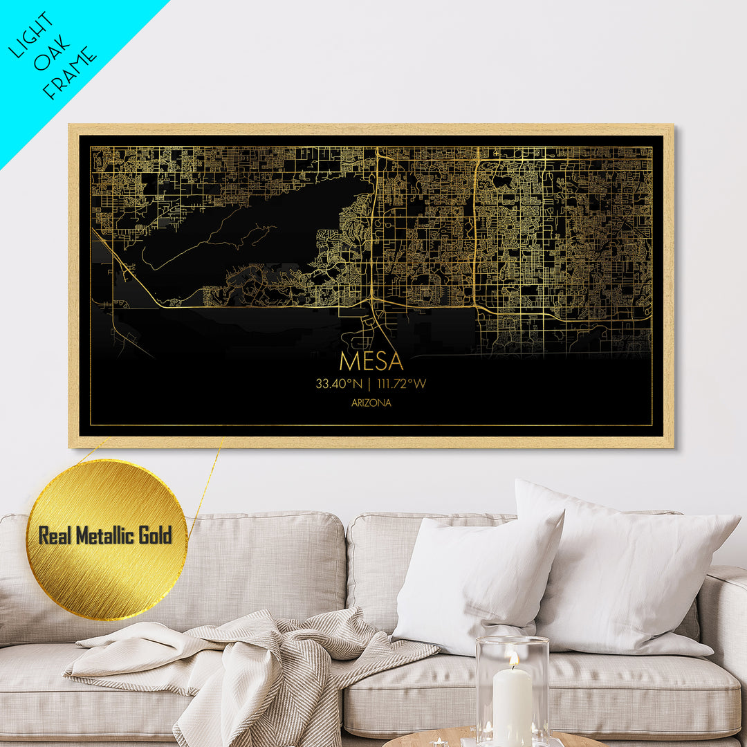 Mesa Arizona City street map, Metallic Gold Print, Metal Art, wood framed map, black and gold, Modern Wall Art, Street Map Wall Art