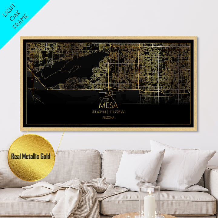Mesa Arizona City street map, Metallic Gold Print, Metal Art, wood framed map, black and gold, Modern Wall Art, Street Map Wall Art