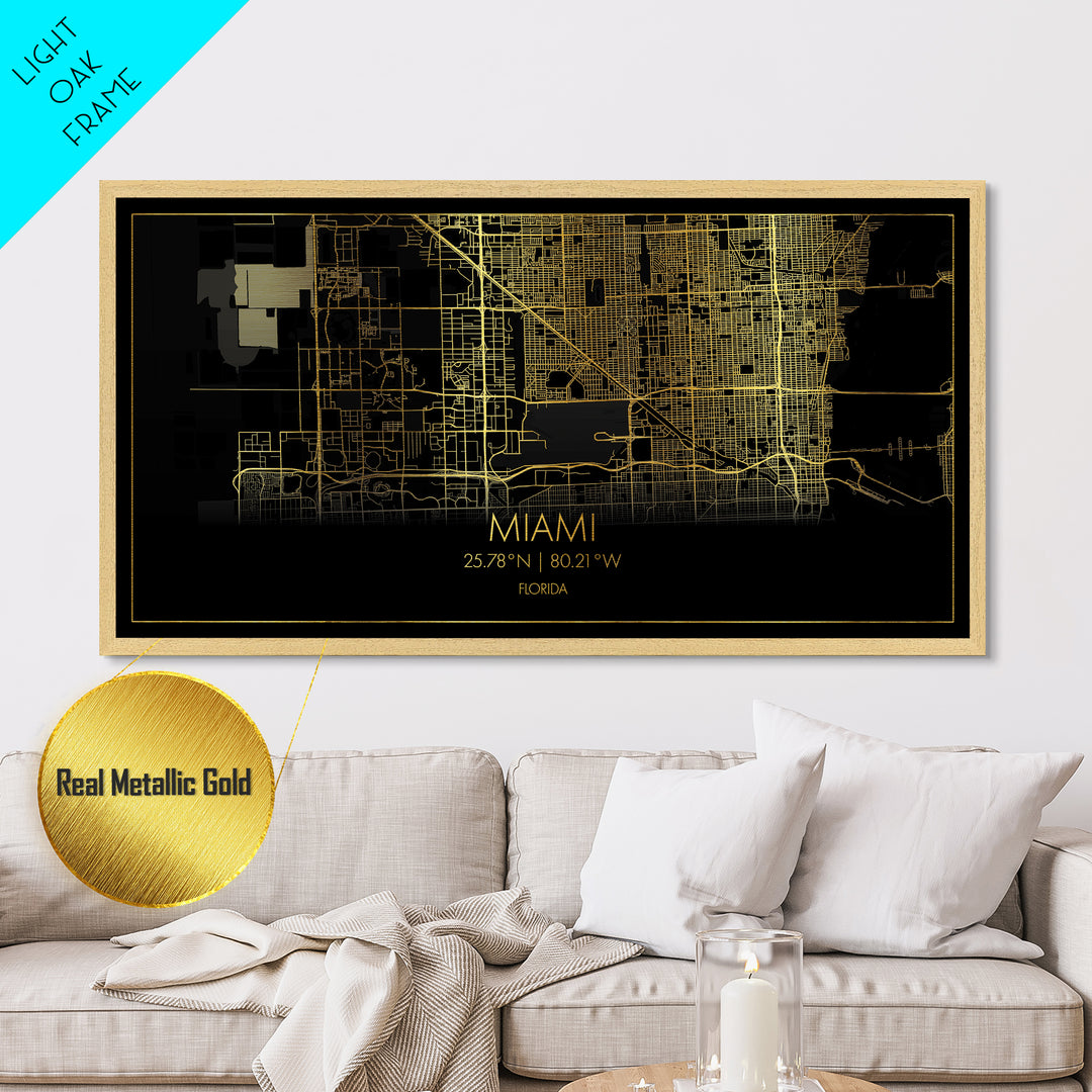 Miami Florida City Poster, Metallic Gold Art, Metal Art, real wood frames, black and gold, Street Map Art, Map Print Poster