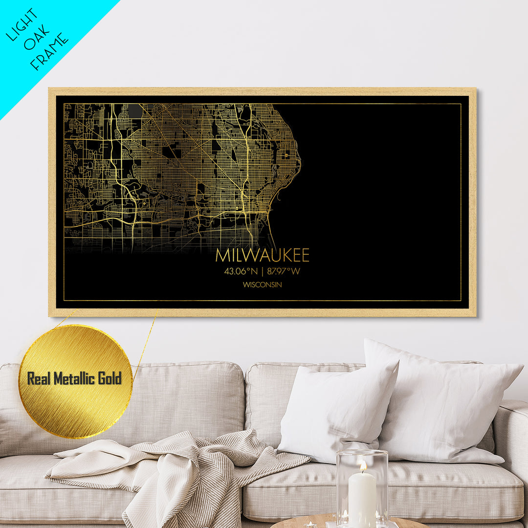 Milwaukee Wisconsin City Poster, Metallic Gold Art, Metal Art, real wood frames, black and gold, Street Map Art, Map Art