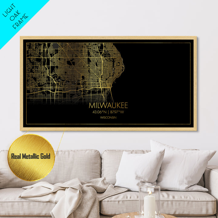 Milwaukee Wisconsin City Poster, Metallic Gold Art, Metal Art, real wood frames, black and gold, Street Map Art, Map Art
