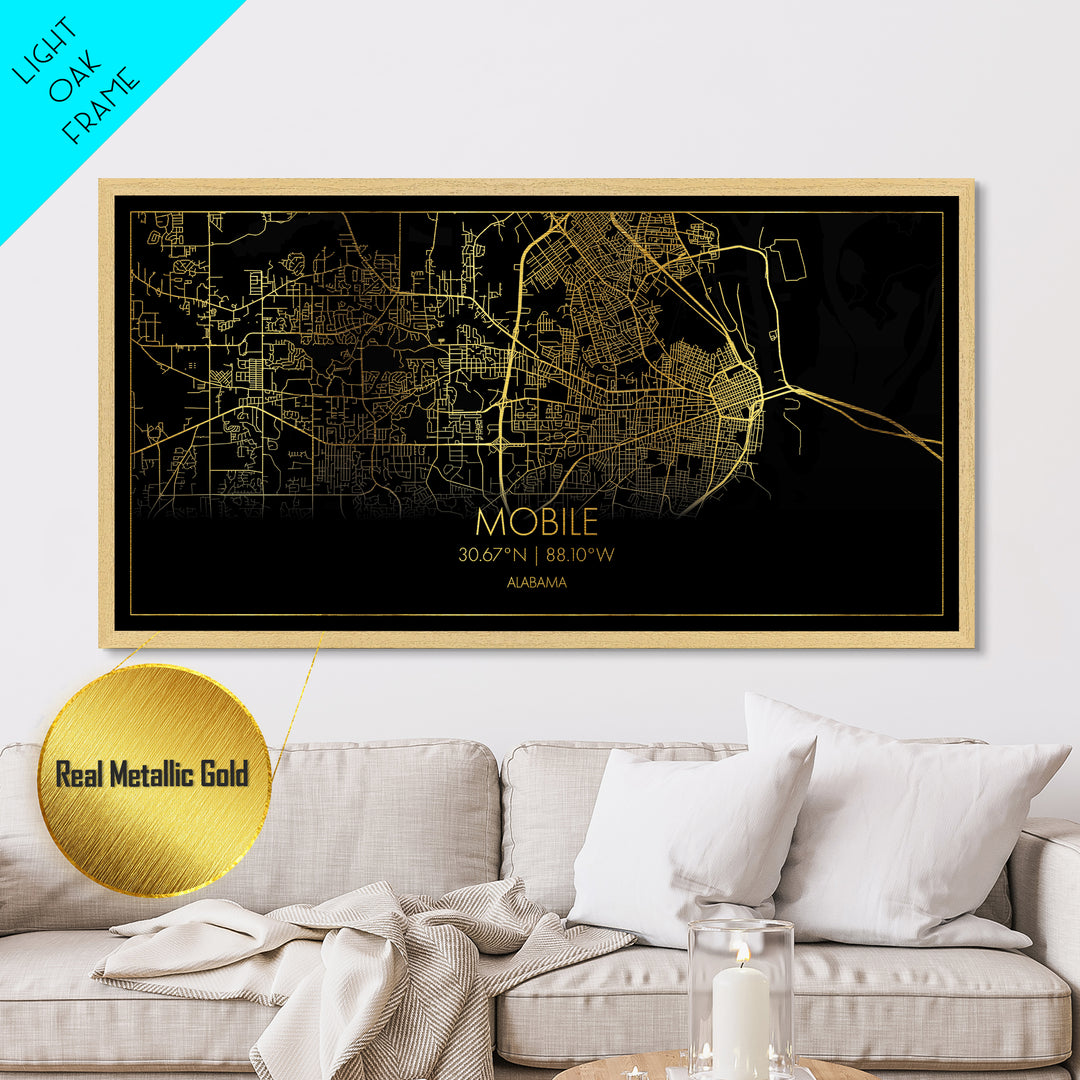 Mobile Alabama City Poster, Metallic Gold Art, Metal Art, real wood frames, black and gold, Street Map Art, Housewarming Gift