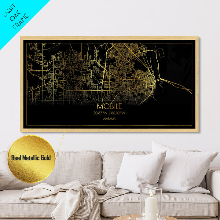 Mobile Alabama City Poster, Metallic Gold Art, Metal Art, real wood frames, black and gold, Street Map Art, Housewarming Gift