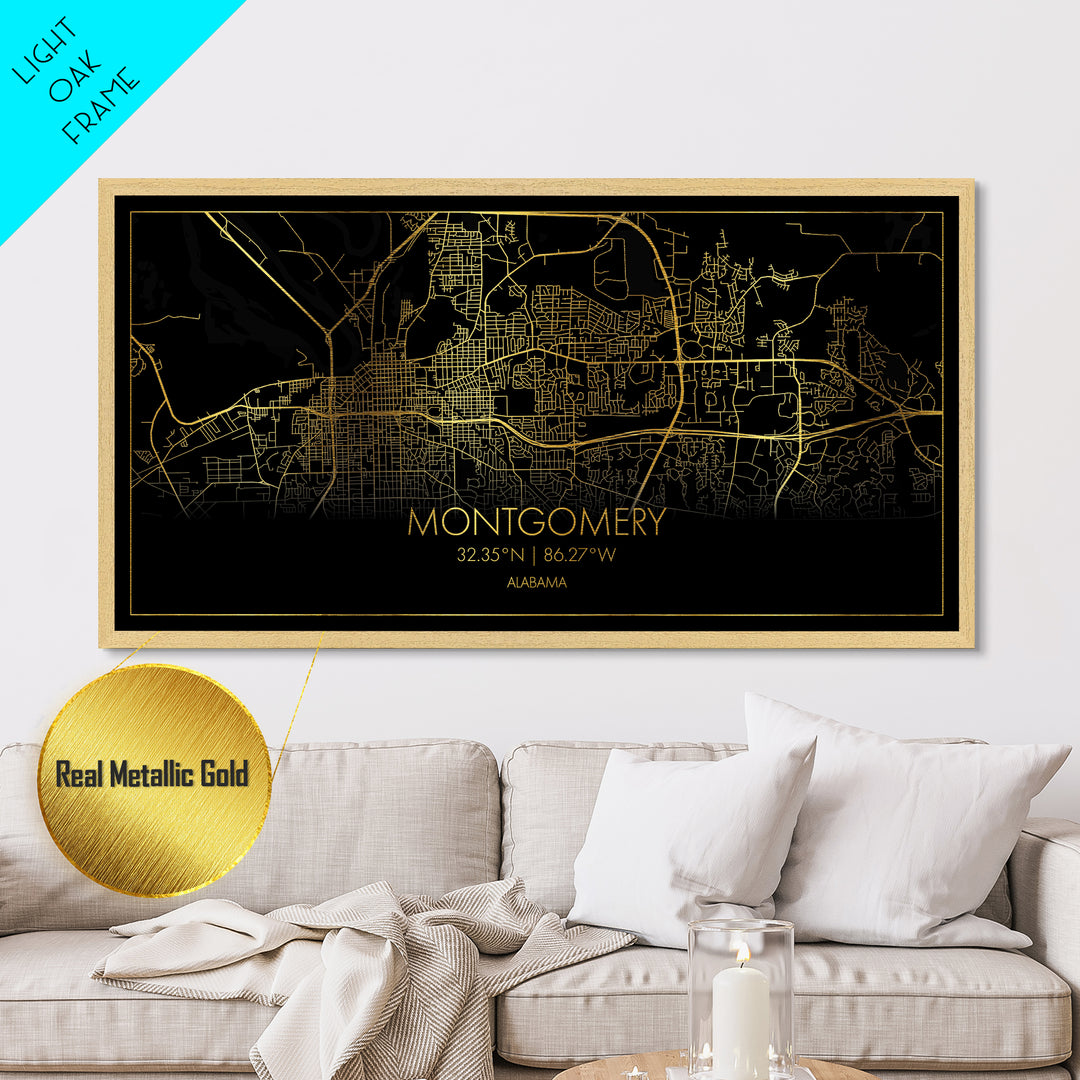 Montgomery Alabama City Poster, Metallic Gold Art, Metal Art, real wood frames, black and gold, Street Map Art, Office Decor