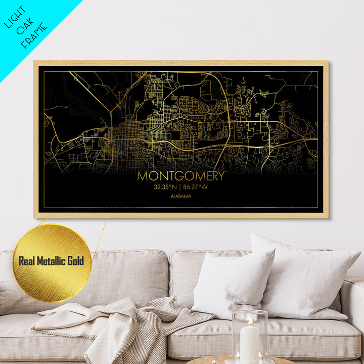 Montgomery Alabama City Poster, Metallic Gold Art, Metal Art, real wood frames, black and gold, Street Map Art, Office Decor