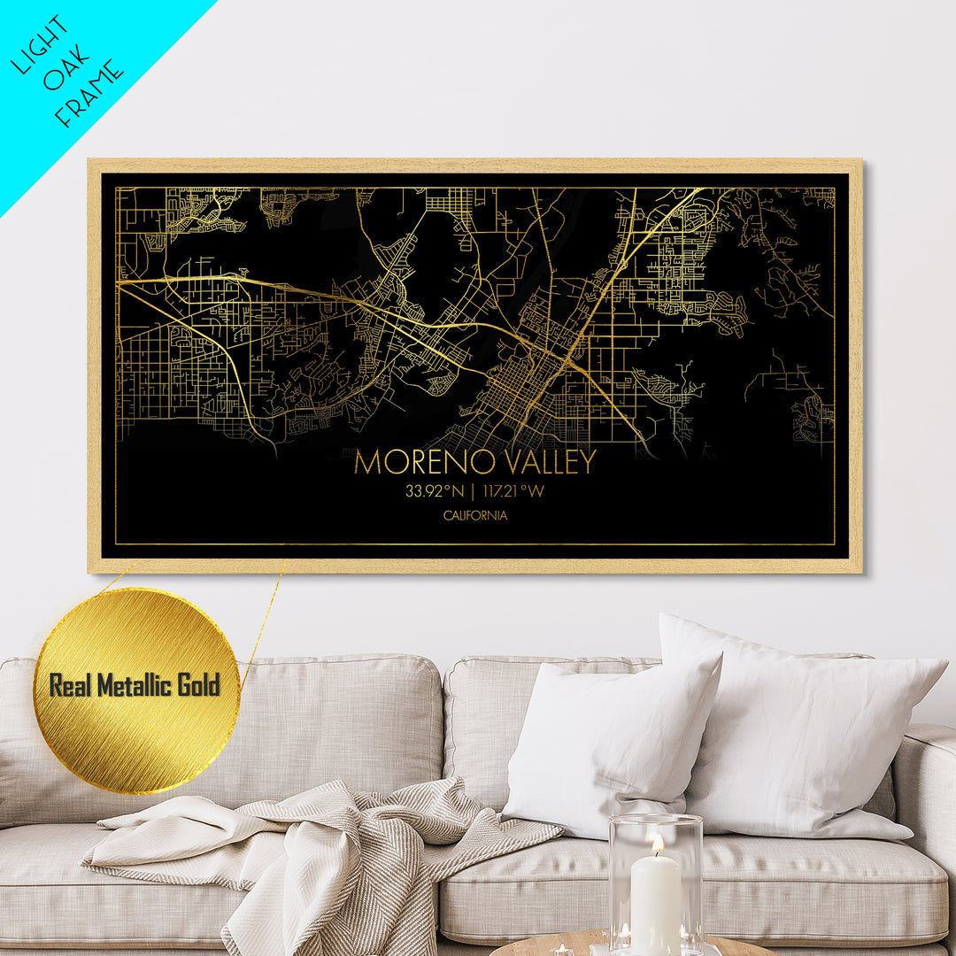 Moreno Valley California City street map, Metallic Gold Print, Metal Art, wood framed map, black and gold, Street Map Wall Art, Best Friend Gifts