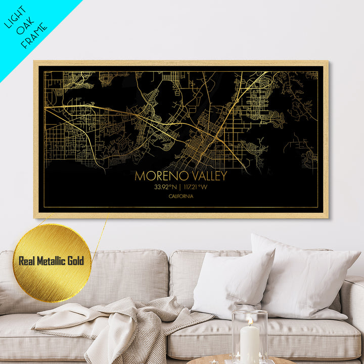 Moreno Valley California City street map, Metallic Gold Print, Metal Art, wood framed map, black and gold, Street Map Wall Art, Best Friend Gifts
