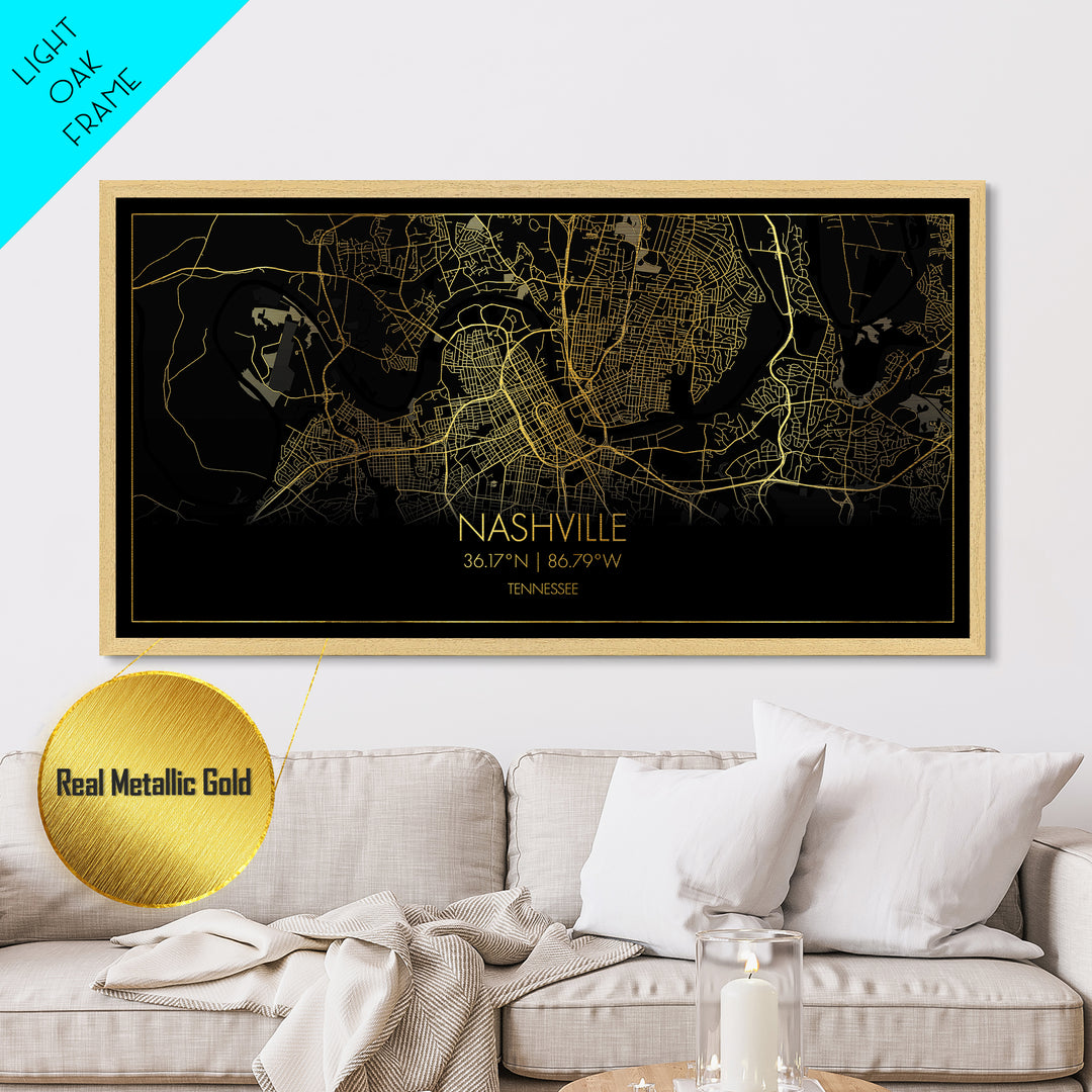 Nashville Tennessee City Poster, Metallic Gold Art, Metal Art, real wood frames, black and gold, Street Map Art, Map Art