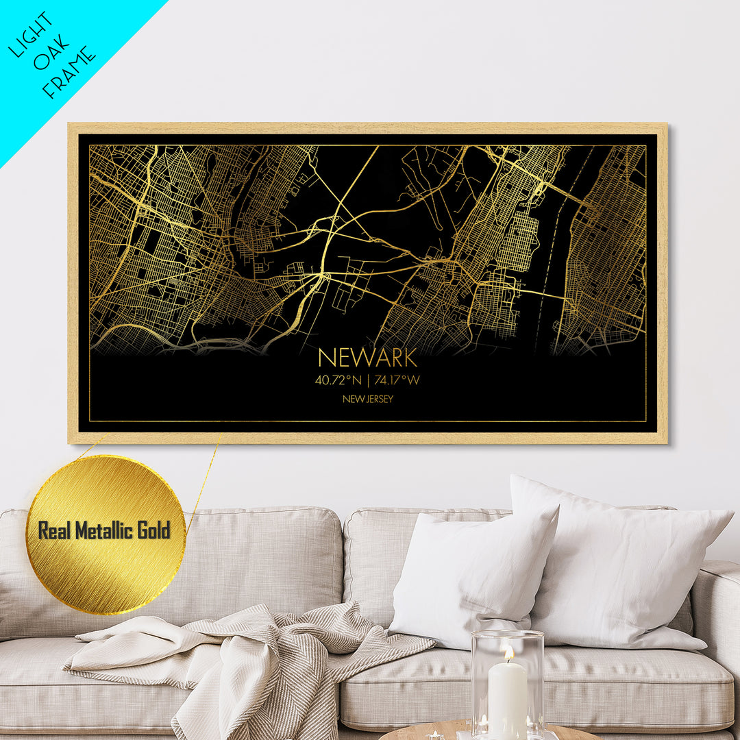 Newark New Jersey City street map, Metallic Gold Print, Metal Art, wood framed map, black and gold, Street Map Wall Art, Office Decor