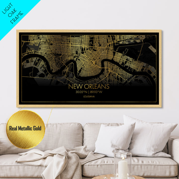 New Orleans Louisiana City Poster, Metallic Gold Art, Metal Art, real wood frames, black and gold, Street Map Art, Housewarming Gift