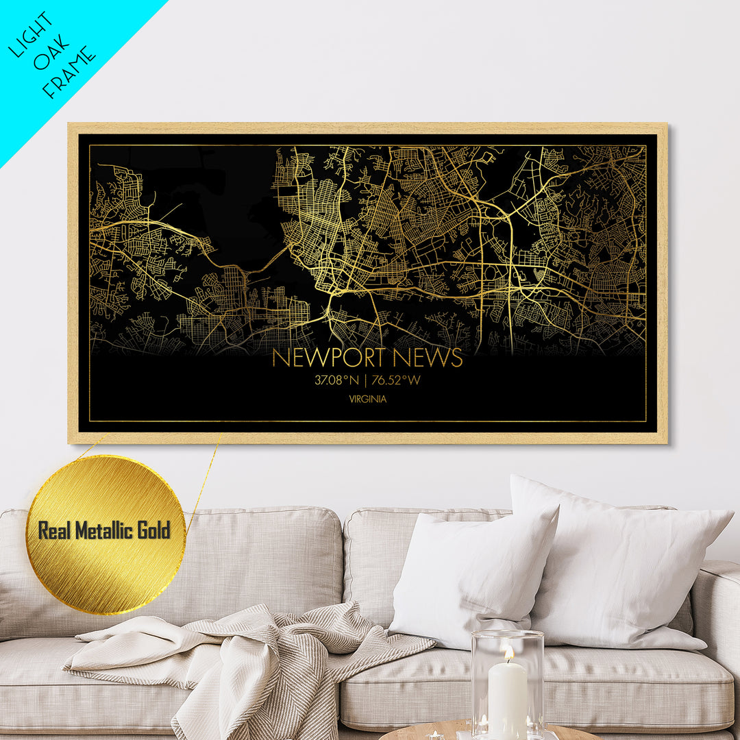 Newport News Virginia City street map, Metallic Gold Print, Metal Art, wood framed map, black and gold, Street Map Wall Art, Travel Poster