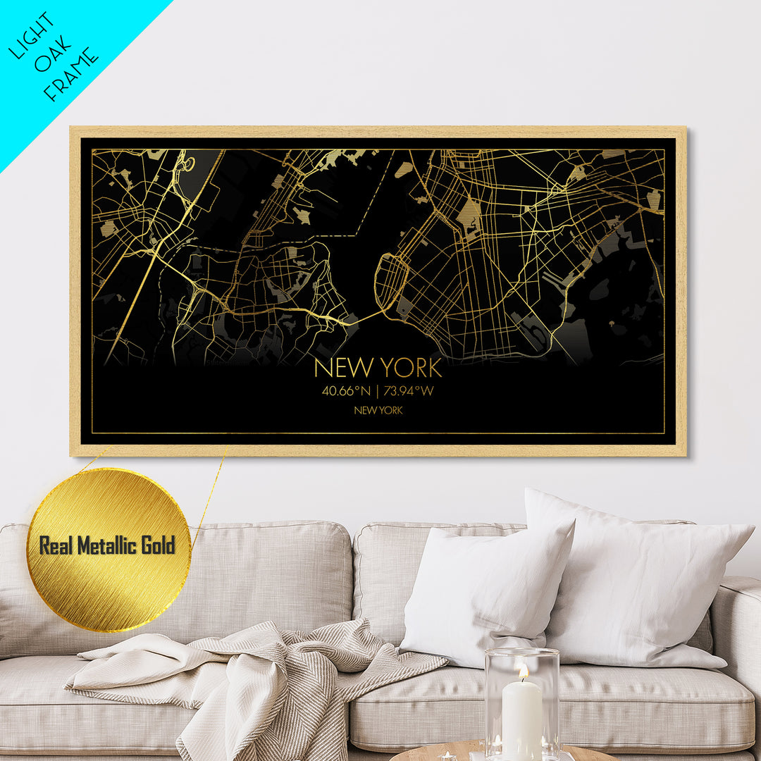 New York New York City Poster, Metallic Gold Art, Metal Art, real wood frames, black and gold, Street Map Art, College Dorm Décor