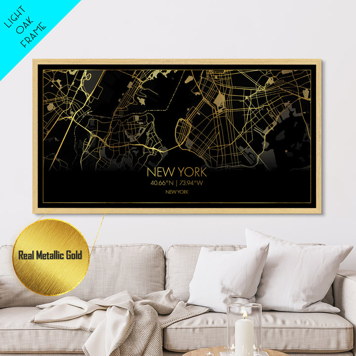 New York New York City Poster, Metallic Gold Art, Metal Art, real wood frames, black and gold, Street Map Art, College Dorm Décor