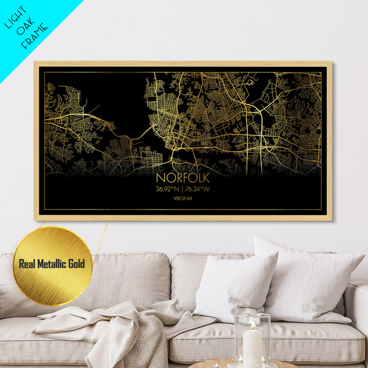 Norfolk Virginia City street map, Metallic Gold Print, Metal Art, wood framed map, black and gold, Street Map Wall Art, Best Friend Gifts