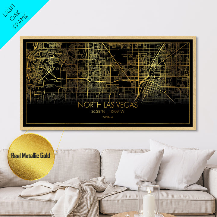 North Las Vegas Nevada City Poster, Metallic Gold Art, Metal Art, real wood frames, black and gold, Street Map Art, Modern House Art