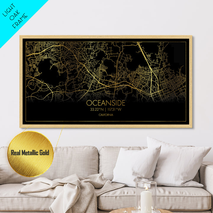 Oceanside California City Poster, Metallic Gold Art, Metal Art, real wood frames, black and gold, Street Map Art, Housewarming Gift