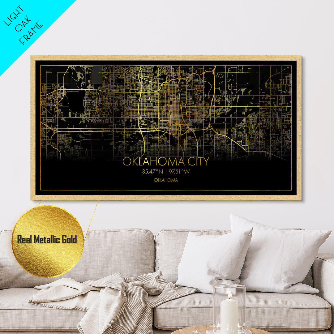Oklahoma City Oklahoma City street map, Metallic Gold Print, Metal Art, wood framed map, black and gold, Street Map Wall Art, Travel Poster