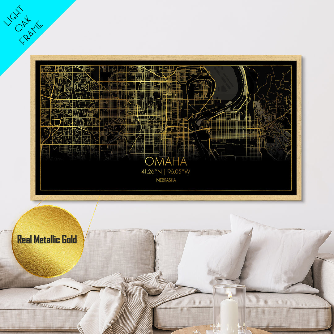 Omaha Nebraska City Poster, Metallic Gold Art, Metal Art, real wood frames, black and gold, Street Map Art, Best Friend Gifts