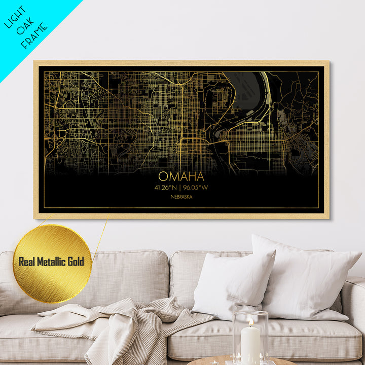 Omaha Nebraska City Poster, Metallic Gold Art, Metal Art, real wood frames, black and gold, Street Map Art, Best Friend Gifts