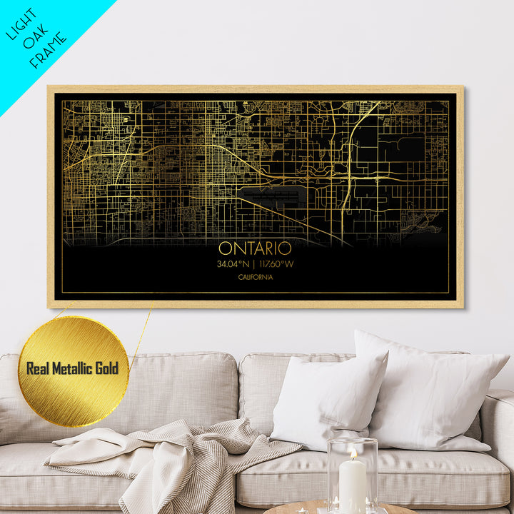 Ontario California City street map, Metallic Gold Print, Metal Art, wood framed map, black and gold, Street Map Wall Art, Minimalist Wall Art