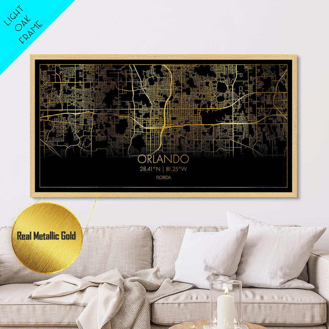 Orlando Florida City Poster, Metallic Gold Art, Metal Art, real wood frames, black and gold, Street Map Art, Modern Wall Art