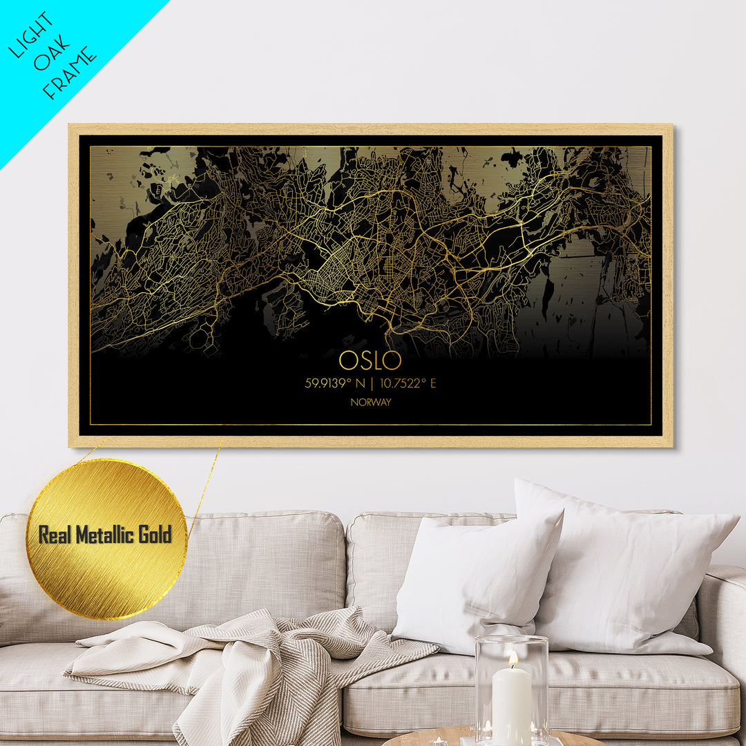Oslo Norway City street map, Metallic Gold Print, Metal Art, wood framed map, black and gold, Street Map Art, Minimalist Wall Art