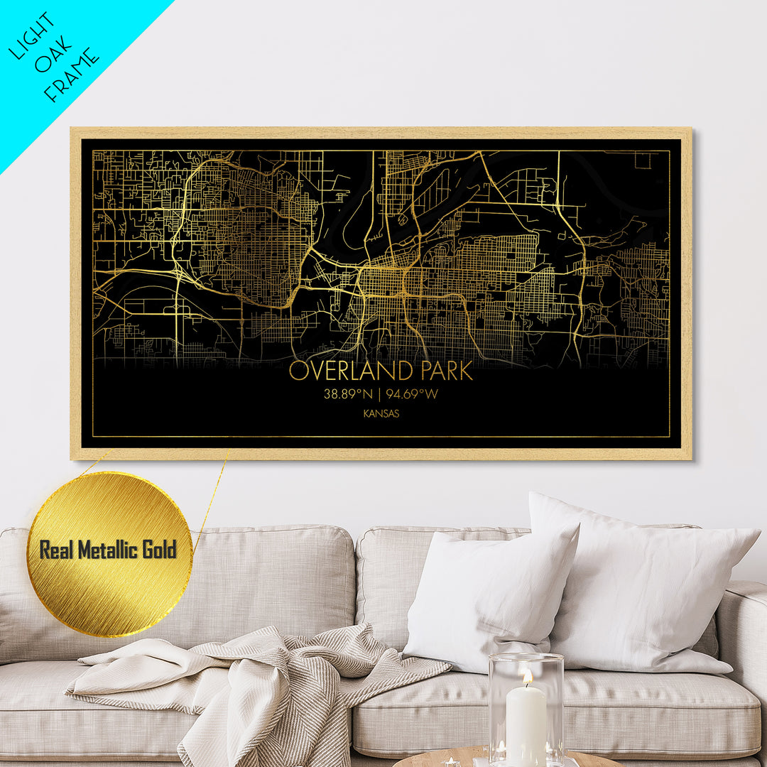 Overland Park Kansas City Poster, Metallic Gold Art, Metal Art, real wood frames, black and gold, Street Map Wall Art, Modern Wall Art