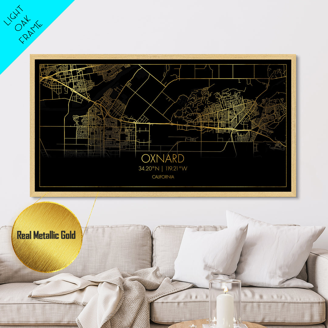 Oxnard California City street map, Metallic Gold Print, Metal Art, wood framed map, black and gold, Street Map Art, Housewarming Gift