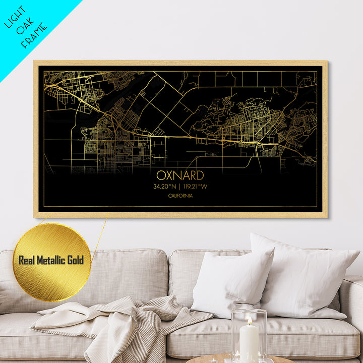 Oxnard California City street map, Metallic Gold Print, Metal Art, wood framed map, black and gold, Street Map Art, Housewarming Gift
