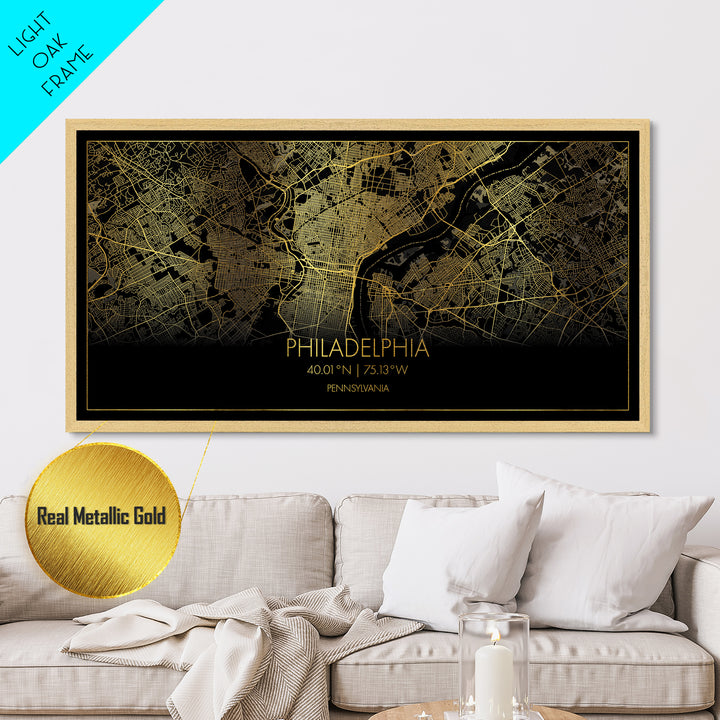 Philadelphia Pennsylvania City street map, Metallic Gold Print, Metal Art, wood framed map, black and gold, Street Map Art, Housewarming Gift